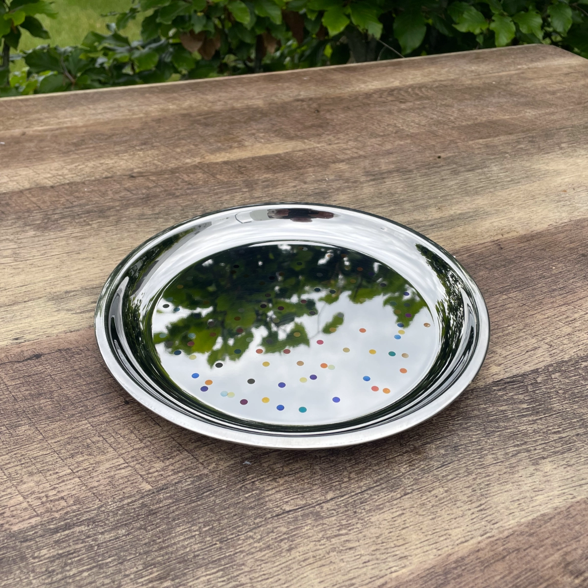 RVS feestelijk gebaksbord - 20 cm - gekleurde 'confetti' stippen op spiegelend metaal