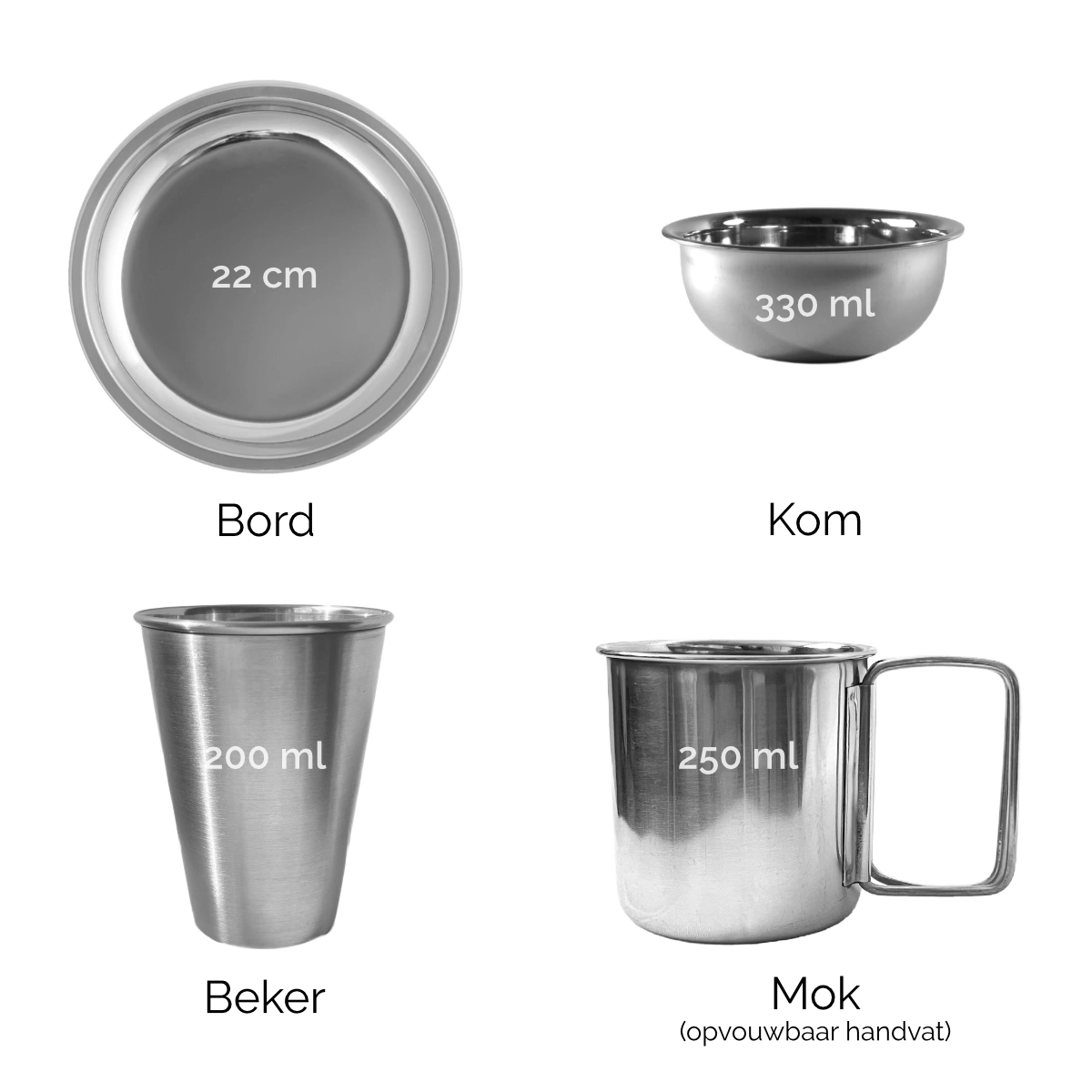 Campingservies RVS - voordeelset 4-delig 'basis'