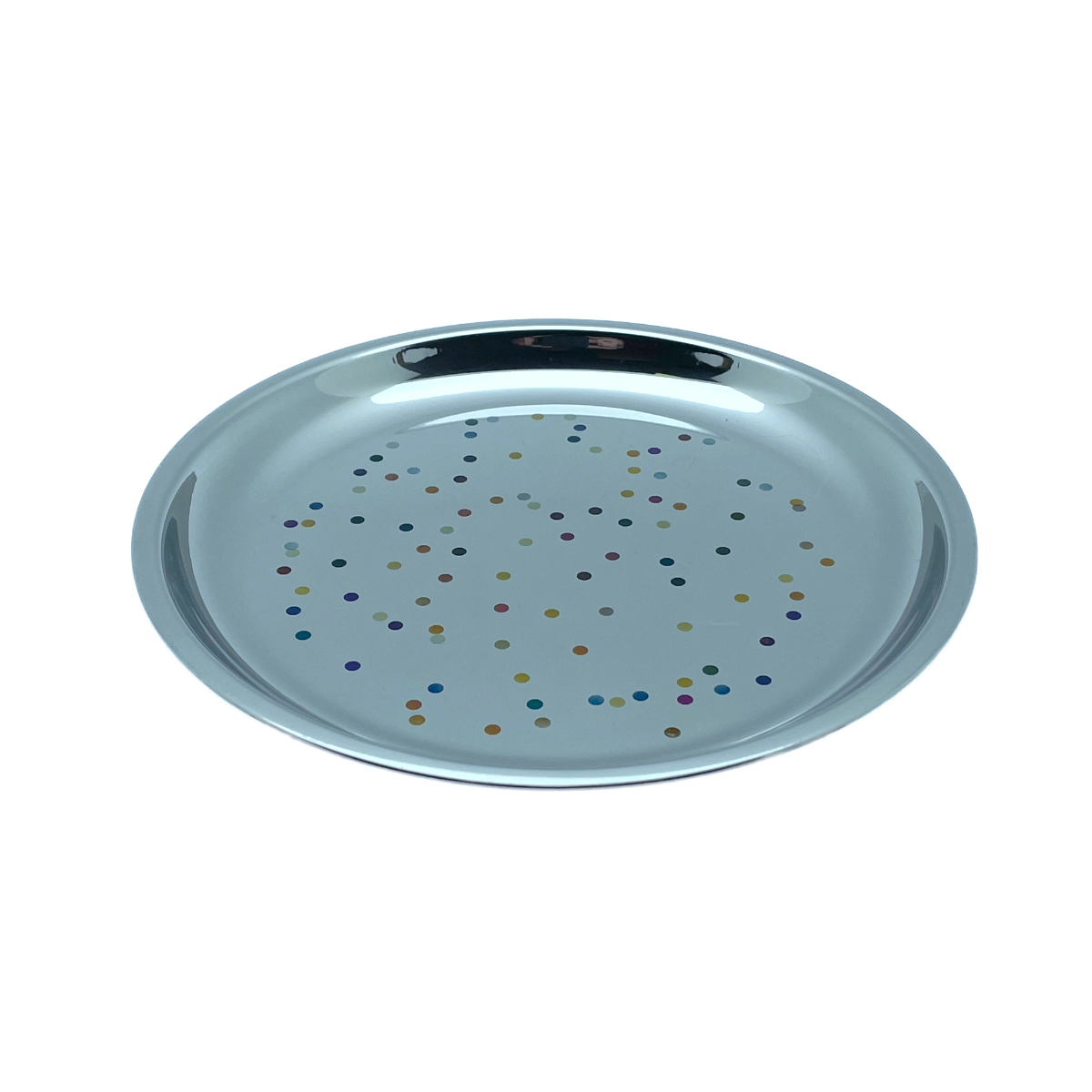 RVS feestelijk gebaksbord - 20 cm - gekleurde 'confetti' stippen op spiegelend metaal